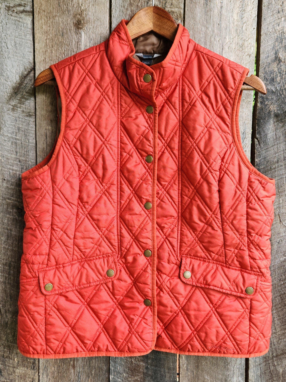 Eddie Bauer Women's Quilted Vest Large Orange Snap Front
